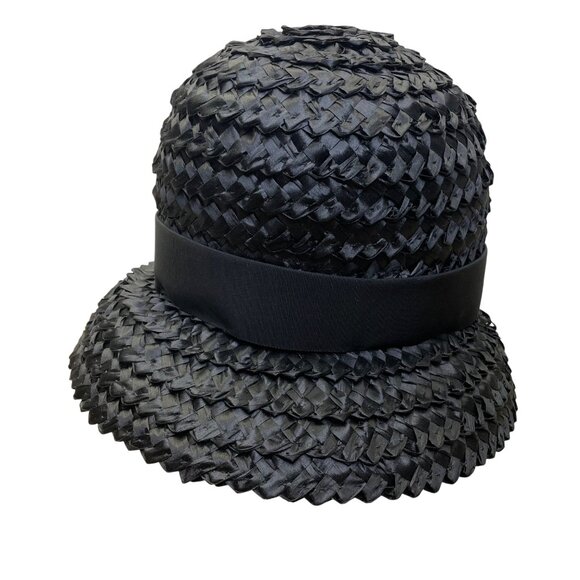 Vintage Amy NY Womens Black Straw Hat Woven Design Medium Julius Garfinkel & Co - Picture 2 of 10